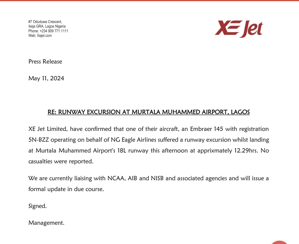 The 18/Left runway at Murtala Muhammed Airport (LOS) in Lagos has reportedly been temporarily closed following an incident involving an XEJET Airline plane skidding off the runway and into the grass upon landing.