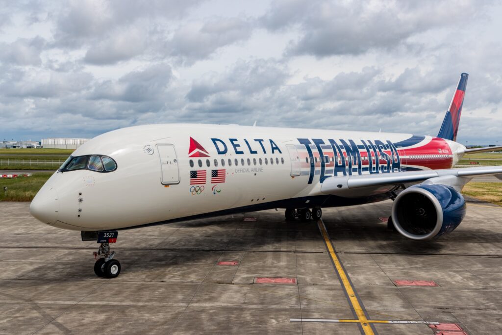 Today in Toulouse, France, Delta Air Lines (DL) unveiled its specially designed Airbus A350 aircraft livery, paying tribute to Team USA athletes and emphasizing the airline's dedication to supporting their journey and aspirations as the official carrier of Team USA.