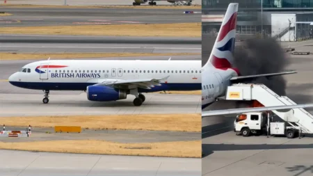 British Airways A320 Stairs Truck Catches Fire at London