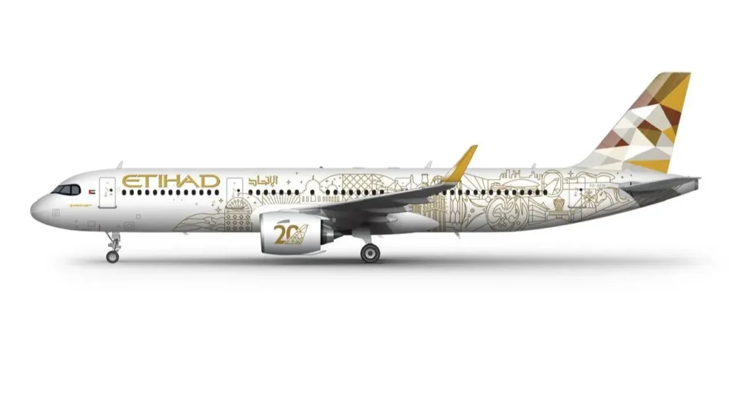 new A321neo is freshly painted and ready to soar Introducing the 20th Anniversary livery! Inspired by our Emirati identity, each stroke pays tribute to our home – Abu Dhabi