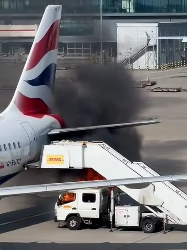 British Airways A320 Stairs Truck Catches Fire at London - Aviation A2Z