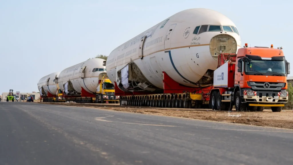 Saudi Arabia's flag carrier, Saudia (SV), transports three retired Boeing 777 aircraft from Jeddah Airport (JED) to Riyadh by road.