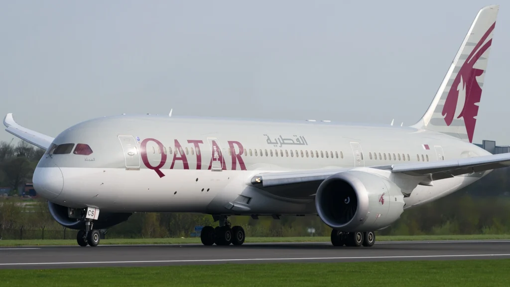 Qatar Airways (QR) Boeing 787 Dreamliner right-hand main landing gear stuck in a drain at Hamad International Airport, Doha (DOH).