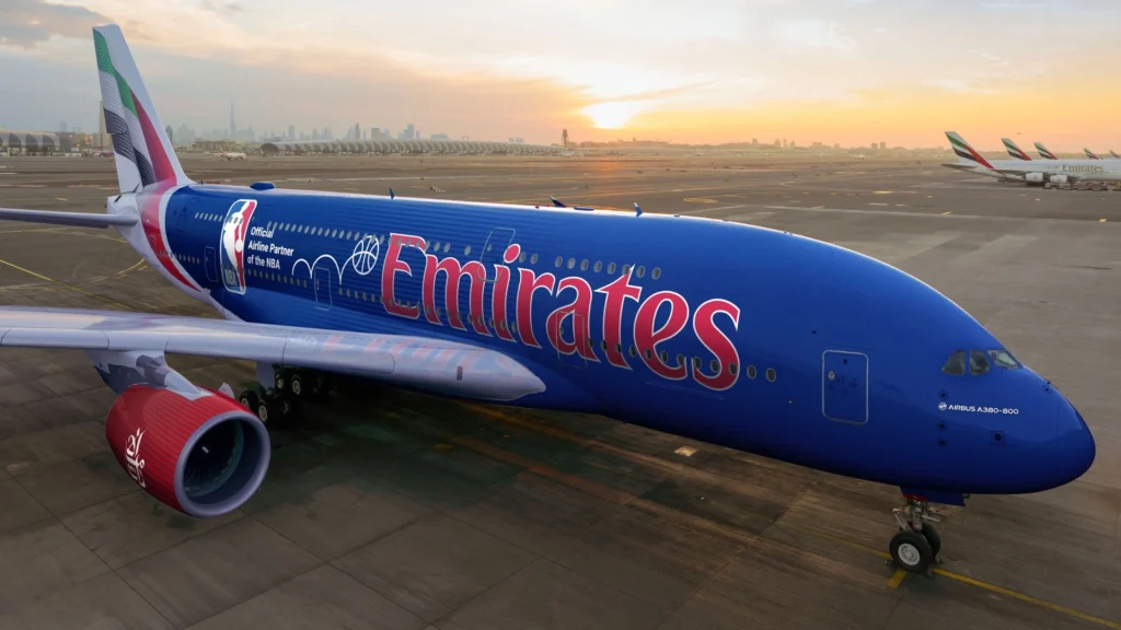 Emirates Airlines (EK) launches a distinctive NBA-themed Airbus A380 livery to mark its role as the Official Global Airline Partner and Emirates NBA Cup title sponsor.