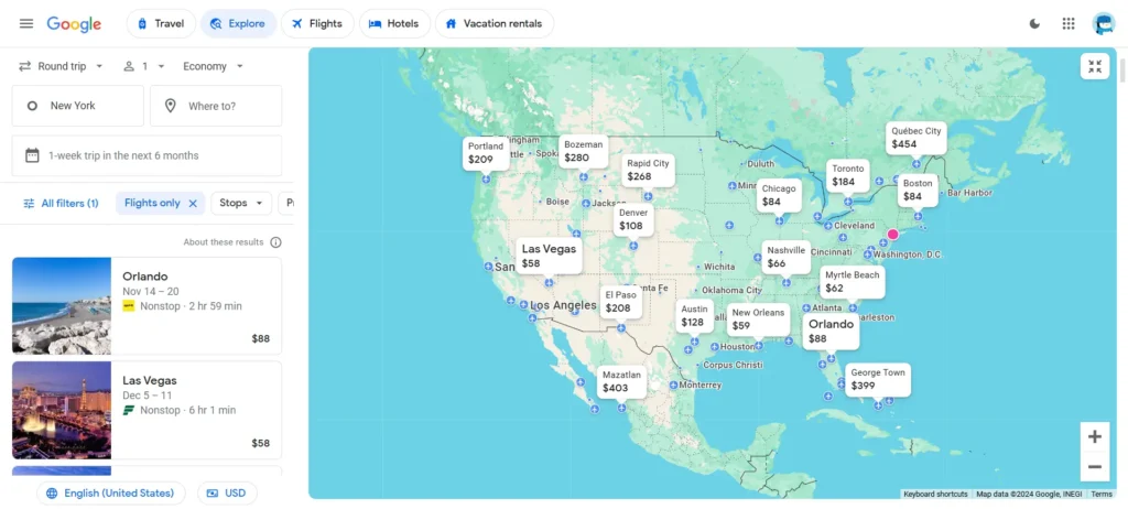 Google Flights Explore Page