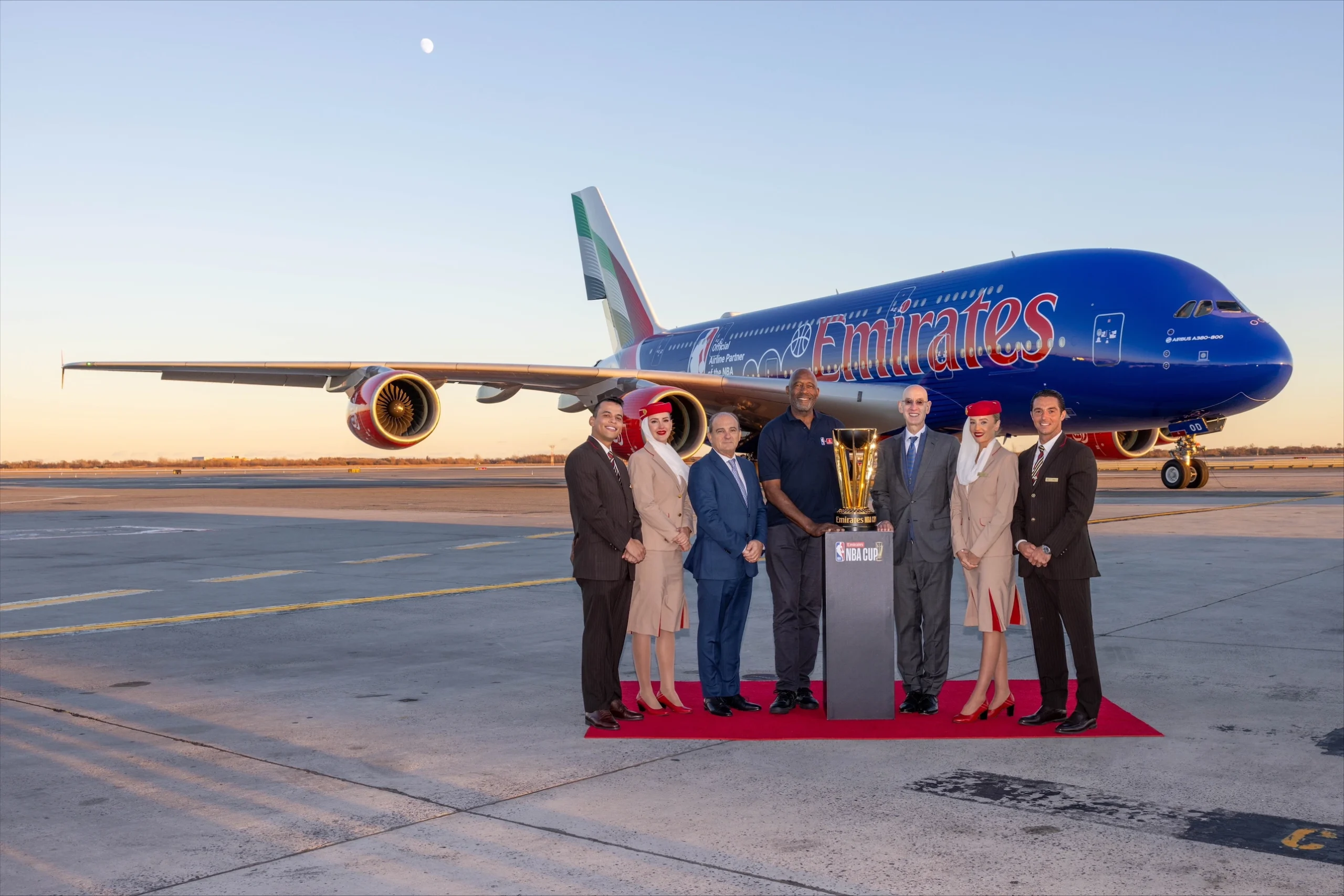 Emirates A380 with NBA Cup Lands in New York