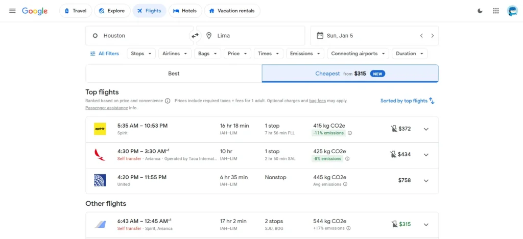 Google Flights "Cheapest" Tab Feature