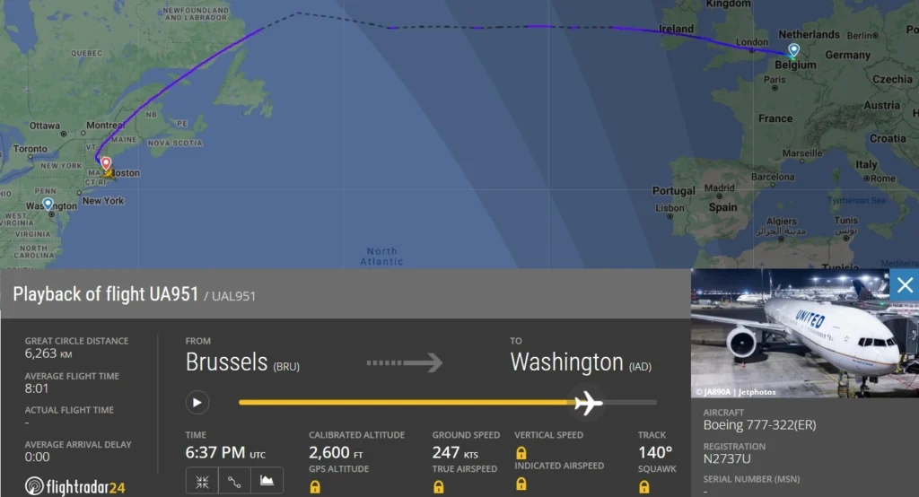 United Airlines flight from Brussels to Washington was diverted to Boston because the flight attendant suffered a stroke