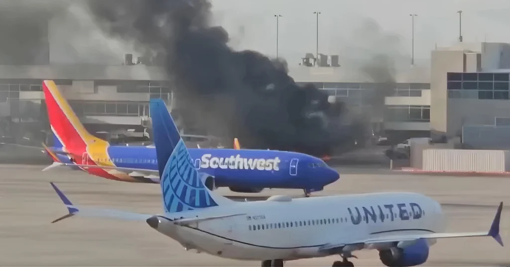 American Airlines Boeing 737 Aircraft begins the fire at Denver International Airport.