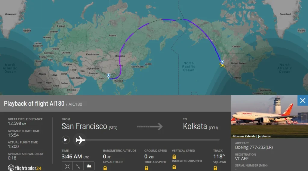 Air India San Francisco to Mumbai Flight with 777 via Kolkata Reported Snag