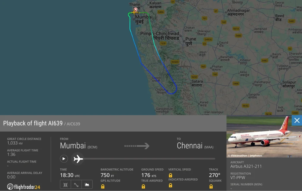 Air India (AI) flight operating from Mumbai (BOM) to Chennai (MAA) was forced to return shortly after takeoff due to a burning smell reported in the cabin. 
