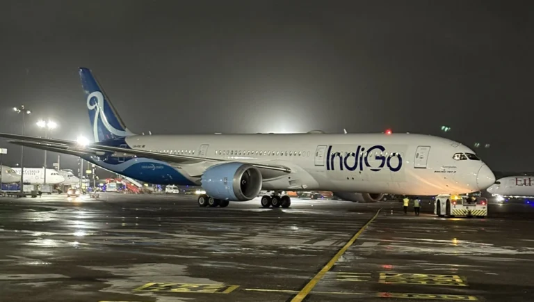 IndiGo's first-ever long-haul flight to Manchester with B787-9 pushback at Mumbai Airport.