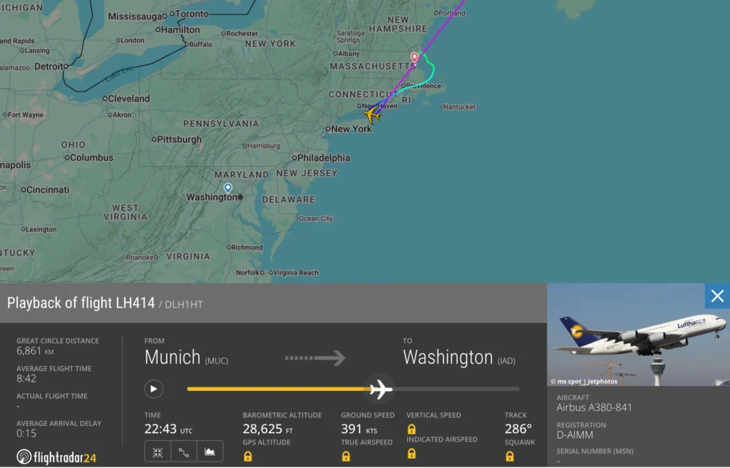 A Lufthansa (LH) transatlantic flight from Munich Airport (MUC) to Washington Dulles International Airport (IAD) was forced to divert to Boston Logan International Airport (BOS) due to fuel concerns after being rerouted mid-flight, on June 30, 2025.