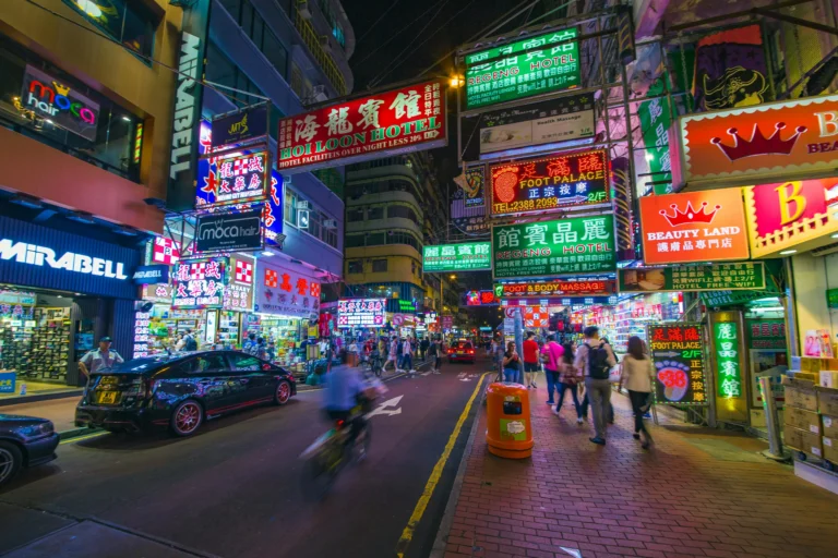 Neon lit streets of Hong Kong China