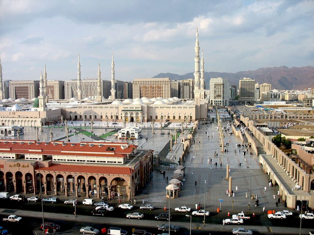 The serene landscape surrounding the Prophet's Mosque in Madinah.