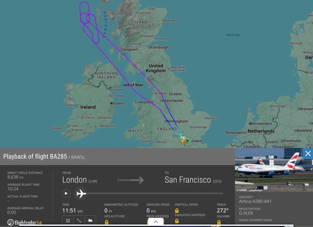 British Airways A380 Pilots Operating Flight to San Francisco Makes U-Turn to London