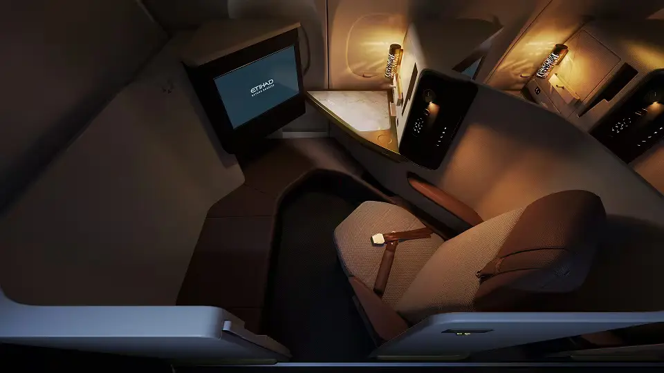 Etihad Airways Airbus A321LR cabin featuring First Suites, Business Class and Economy seating.