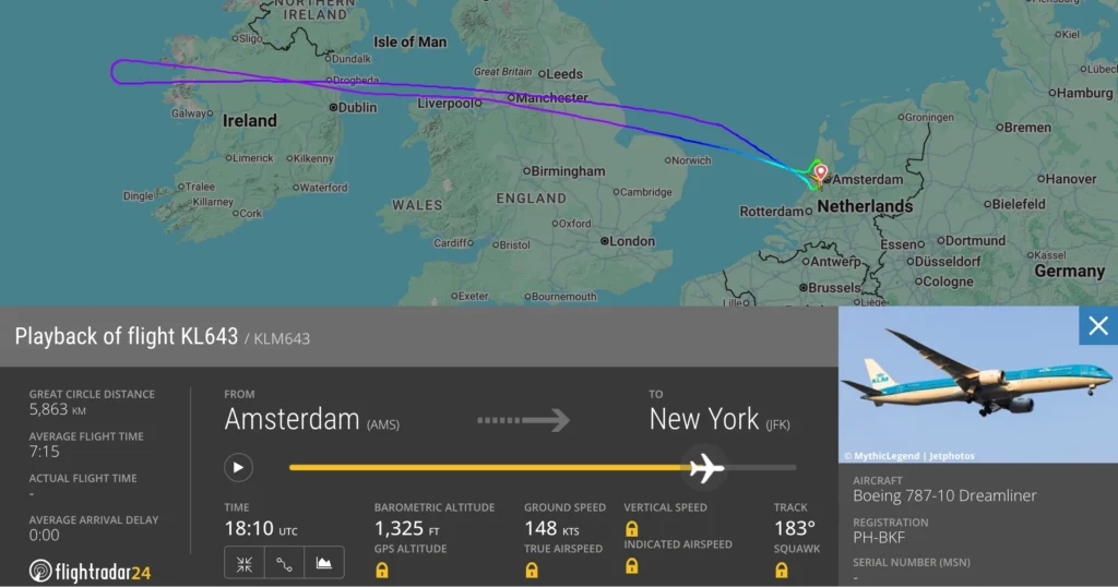 KLM Royal Dutch Airlines (KL) returned a Boeing 787-10 Dreamliner to its home base on Tuesday after the right engine bleed air system failed during the westbound oceanic phase.