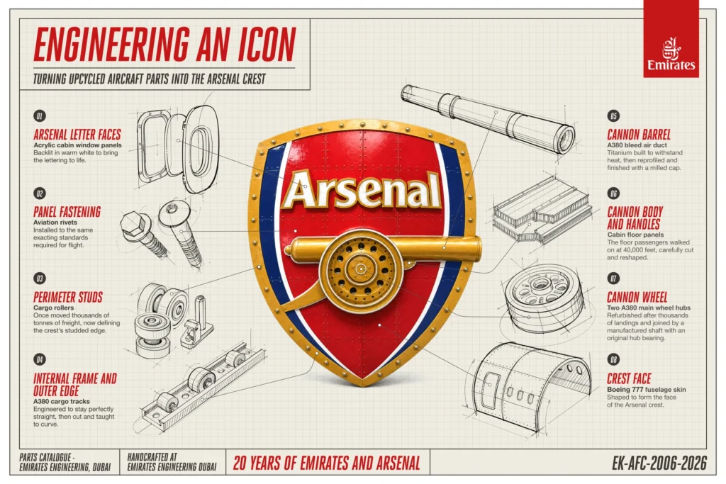 Emirates Crafts Giant Arsenal Crest From Airbus A380 and Boeing 777 Parts
