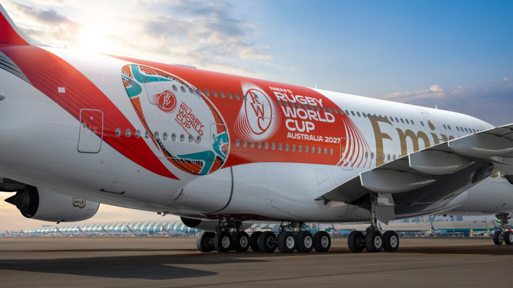 Emirates’ Giant A380 Turns Rugby Showpiece With New World Cup 2027 Livery