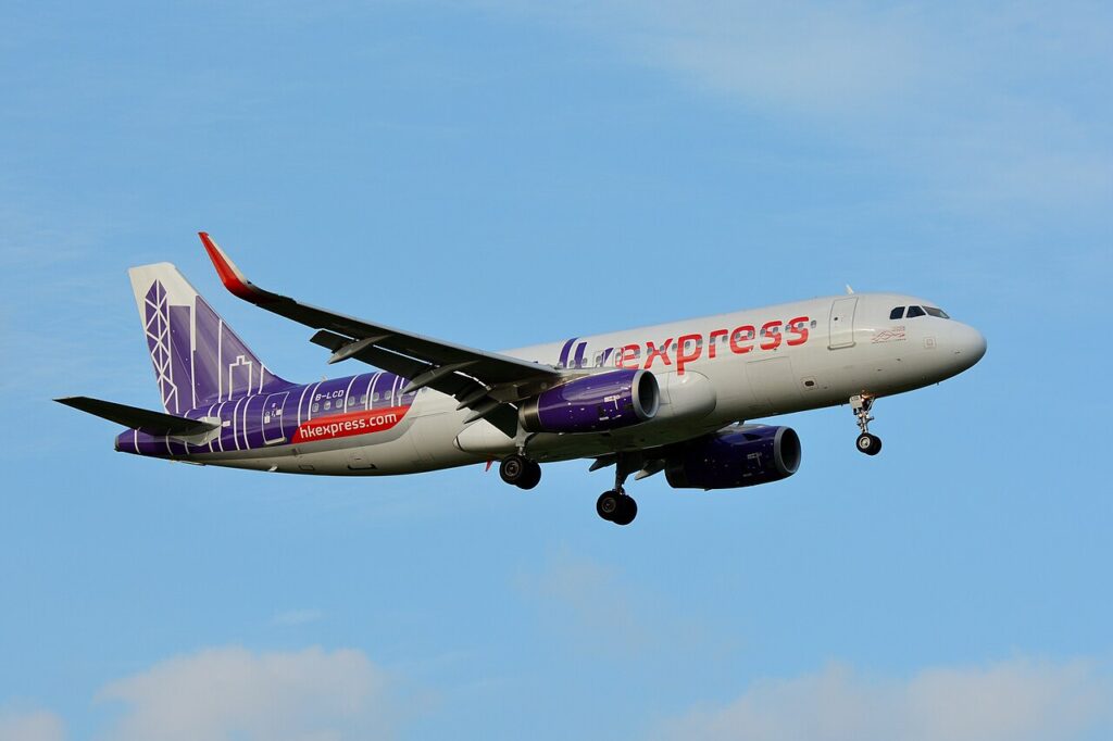 HK Express aircraft arriving at Jeju International Airport in South Korea.